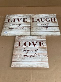 SET OF 3 ASSORTED LIVE , LAUGH AND LOVE SMALL WALL HANGINGS: LOCATION - C5