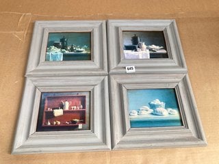 4 X ASSORTED VINTAGE KITCHEN PRINTED WOODEN FRAMED WALL HANGINGS IN DUSKY BLUE: LOCATION - C5