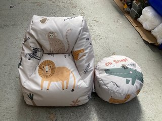 RU COMFY CHILDRENS ANIMAL PRINTED BEANBAG SEAT WITH FOOT POUFFE IN OFF WHITE: LOCATION - C8