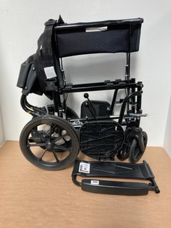 METAL FRAMED WHEEL CHAIR IN BLACK WITH FOOT RESTS: LOCATION - C9