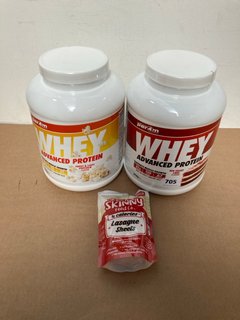 3 X ASSORTED FOOD ITEMS TO INCLUDE 2 X WHEY RED VELVET AND POPCORN FLAVOURED PROTEIN POWDER 2KG (BB 06/26): LOCATION - C10