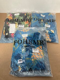 3 X ASSORTED FOHEMR MENS HAWAIIAN BEACH BUTTON UP SHIRTS IN BLACK AND BLUE MULTI SIZE: L , XL AND 3XL: LOCATION - C10