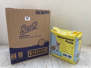 QTY OF ASSORTED ITEMS TO INCLUDE BOX OF SCOTT ESSENTIAL NARROW FOLD WHITE HAND TOWELS: LOCATION - A3