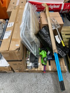 PALLET OF ASSORTED ITEMS TO INCLUDE GREENWORKS BATTERY OPERATED HEDGE CUTTER: LOCATION - B5 (KERBSIDE PALLET DELIVERY)