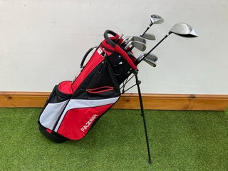 FAZER GOLF BAG IN RED WHITE & BLACK TO INCLUDE QTY OF ASSORTED GOLF CLUBS: LOCATION - C1