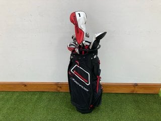 BENROSS GOLF BAG IN RED WHITE & BLACK TO INCLUDE QTY OF ASSORTED GOLF CLUBS: LOCATION - C1