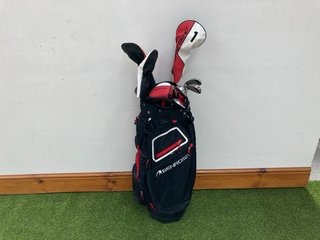 BENROSS GOLF BAG IN RED & BLACK TO INCLUDE QTY OF ASSORTED GOLF CLUBS: LOCATION - C1