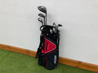 FAZER GOLF BAG IN RED WHITE & BLACK TO INCLUDE QTY OF ASSORTED GOLF CLUBS: LOCATION - C2