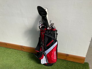 FAZER GOLF BAG IN RED WHITE & BLACK TO INCLUDE QTY OF ASSORTED GOLF CLUBS: LOCATION - C2