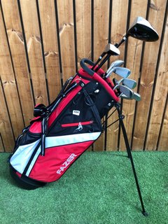 FAZER GOLF BAG IN RED WHITE & BLACK TO INCLUDE QTY OF ASSORTED GOLF CLUBS: LOCATION - C2