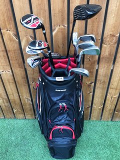 BENROSS GOLF BAG IN RED WHITE & BLACK TO INCLUDE QTY OF ASSORTED GOLF CLUBS: LOCATION - C2