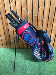 STROMBERG GOLF BAG IN RED & BLACK TO INCLUDE 4 X GOLF UMBRELLA: LOCATION - C2