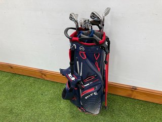 RIFE GOLF BAG IN RED WHITE & BLUE TO INCLUDE QTY OF ASSORTED GOLF CLUBS: LOCATION - C2