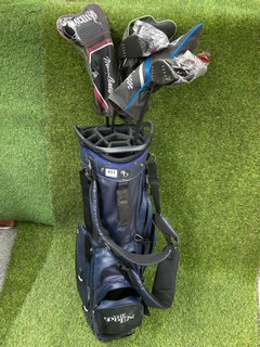 STROMBERG GOLF BAG IN BLUE TO INCLUDE QTY OF ASSORTED GOLF CLUBS: LOCATION - C3