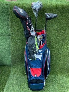 BENROSS GOLF BAG IN RED WHITE & BLUE TO INCLUDE QTY OF ASSORTED GOLF CLUBS: LOCATION - C3