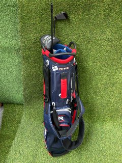 RIFE GOLF BAG IN RED WHITE & BLUE TO INCLUDE QTY OF ASSORTED GOLF CLUBS: LOCATION - C4