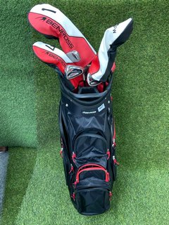 BENROSS GOLF BAG IN RED WHITE & BLACK TO INCLUDE QTY OF ASSORTED GOLF CLUBS: LOCATION - C4