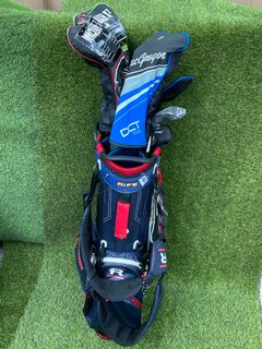 RIFE GOLF BAG IN RED WHITE & BLUE TO INCLUDE QTY OF ASSORTED GOLF CLUBS: LOCATION - C4