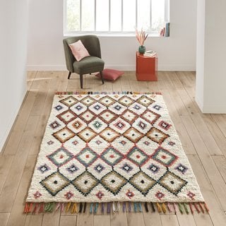 LA REDOUTE INTERIEURS OURIKA BERBER STYLE GEOMETRIC TASSEL WOOL RUG. SIZE: 120X170CM. RRP - £260: LOCATION - C6