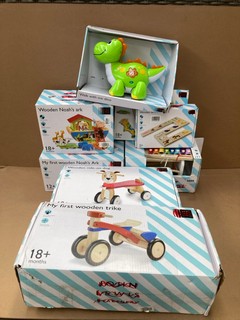 QTY OF ASSORTED JOHN LEWIS AND PARTNERS BABY TOYS TO INCLUDE WOODEN RIDE-ON DOG AND WALK WITH ME DINO: LOCATION - BR6