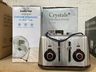 QTY OF ASSORTED ITEMS TO INCLUDE SENELUX 12" CHROME STANDING FLOOR FAN AND CRYSTALS PORTABLE FRIDGE 15 LITRE IN WHITE: LOCATION - BR11