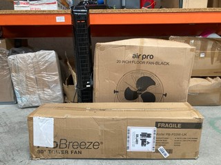 3 X ASSORTED FANS TO INCLUDE AIR PRO 20 INCH FLOOR FAN IN BLACK: LOCATION - BR12