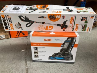 2 X ELECTRONIC ITEMS TO INCLUDE VAX DUAL POWER VACUUM CLEANER AND WORX 20V CORDLESS GRASS TRIMMER: LOCATION - BR15