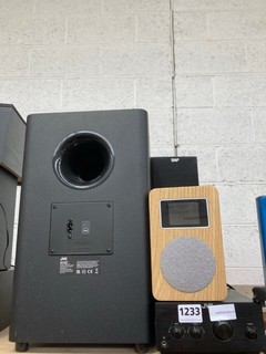 QTY OF ASSORTED SPEAKERS TO INCLUDE JVC SPEAKER SYSTEM WITH SUBWOOFER AND JOHN LEWIS AND PARTNERS ARIA RADIO: LOCATION - BR14