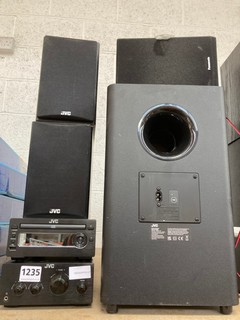 QTY OF ASSORTED SPEAKERS TO INCLUDE JVC SPEAKER SYSTEM WITH CD PLAYER AND WIRELESS SUBWOOFER: LOCATION - BR14