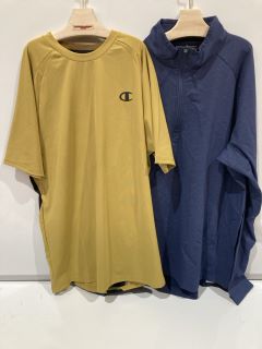 QTY OF ASSORTED CLOTHING ITEMS TO INCLUDE CHAMPION ELITE SMALL GOLD T-SHIRT