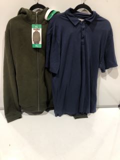 QTY OF ASSORTED CLOTHING ITEMS TO INCLUDE KIRKLAND SIGNATURE EXTRA LARGE GREEN MENS FULL ZIP HOODIE