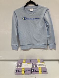 QTY OF ASSORTED CLOTHING ITEMS TO INCLUDE CHAMPION ELITE SMALL 7/8 PURPLE YOUTH 2 PIECE CREW NECK AND SHORTS