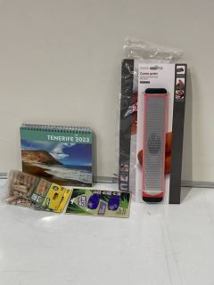 QTY OF ASSORTED ITEMS TO INCLUDE COARSE GRATER, TENERIFE 2023 CALENDAR