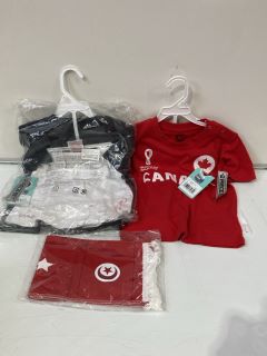 QTY OF ASSORTED ITEMS TO INCLUDE INFANT RED CANADA 2 PIECE 2022 WORLD CUP , INFANT BLACK CANADA 2 PIECE 2022 WORLD CUP