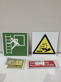 QTY OF ASSORTED ITEMS TO INCLUDE FIRST AID SIGNAGE, CORROSIVE SUBSTANCE SIGNAGE