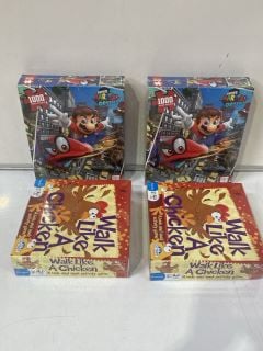 QTY OF ASSORTED ITEMS TO INCLUDE SUPER MARIO ODYSSEY 1000 PIECE PUZZLE, WALK LIKE A CHICKEN ACTIVITY GAME