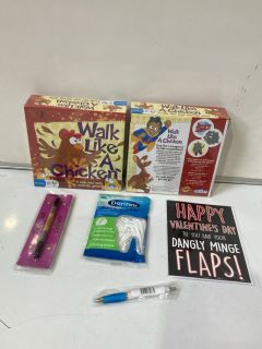 QTY OF ASSORTED ITEMS TO INCLUDE WALK LIKE A CHICKEN ACTIVITY GAME, REUSABLE FACE MASK