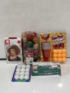 QTY OF ASSORTED ITEMS TO INCLUDE 80S WILD CHILD WIG, TABLE TENNIS BALLS