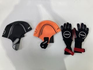 2 X ZONE3 NEOPRENE SWIM CAP LARGE & SMALL, TO ALSO INCLUDE ZONE3 NEOPREN GLOVES XS