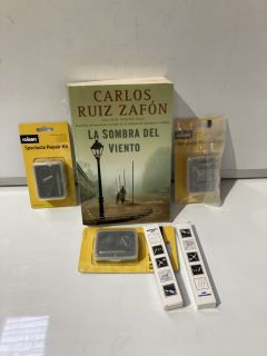 QTY OF ASSORTED ITEMS TO INCLUDE EXTENSION CABLES, THE SHADOW OF THE WIND BOOK BY CARLOS RUIZ ZAFRON