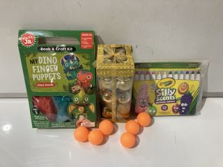 QTY OF ASSORTED ITEMS TO INCLUDE TABLE TENNIS BALLS, SCENTED CRAYOLA MARKERS