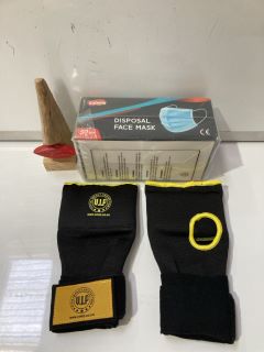 QTY OF ASSORTED ITEMS TO INCLUDE DISPOSABLE FACE MASKS, GEL BOXING TRAINING WRAPS