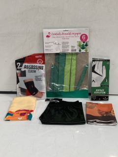 QTY OF ASSORTED ITEMS TO INCLUDE GOLF GLOVE, ELBOW SUPPORT