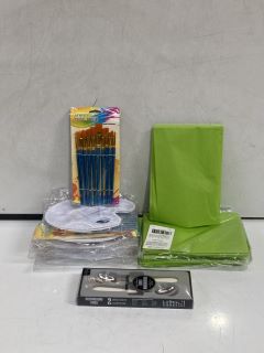 QTY OF ASSORTED ITEMS TO INCLUDE GREEN TISSUE PAPER, PAINT BRUSH SET