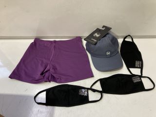 QTY OF ASSORTED ITEMS TO INCLUDE REUSABLE FACE MASKS, MENS ELLESSE STONE COLOUR SHORTS