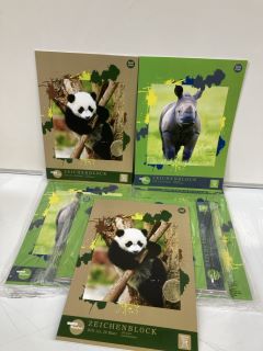 QTY OF ASSORTED ITEMS TO INCLUDE A3 PAPER DRAWING PAD RHINO COVER, A3 PAPER DRAWING PAD PANDA COVER