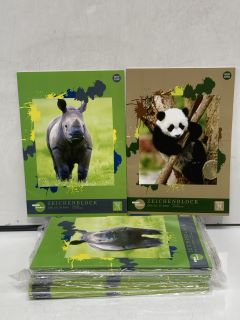 QTY OF ASSORTED ITEMS TO INCLUDE A3 PAPER DRAWING PAD RHINO COVER, A3 PAPER DRAWING PAD PANDA COVER