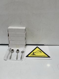 QTY OF ASSORTED ITEMS TO INCLUDE PARASAILING WARNING SIGN, BOX OF METAL SPOON SET