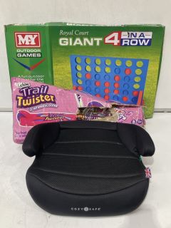 TRAIL TWISTER 3 WHEEL SCOOTER TO ALSO INCLUDE GIANT 4 IN A ROW KIDS GAME & CHILDREN'S BOOSTER CAR CHAIR