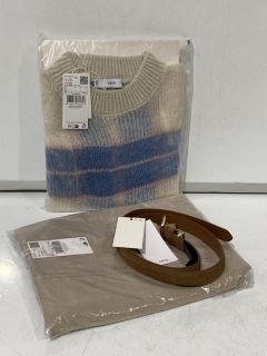 BOX OF WOMEN'S CLOTHING TO INCLUDE MANGO WHITE & BLUE JUMPER SIZE : L & BEIGE TROUSERS SIZE : S